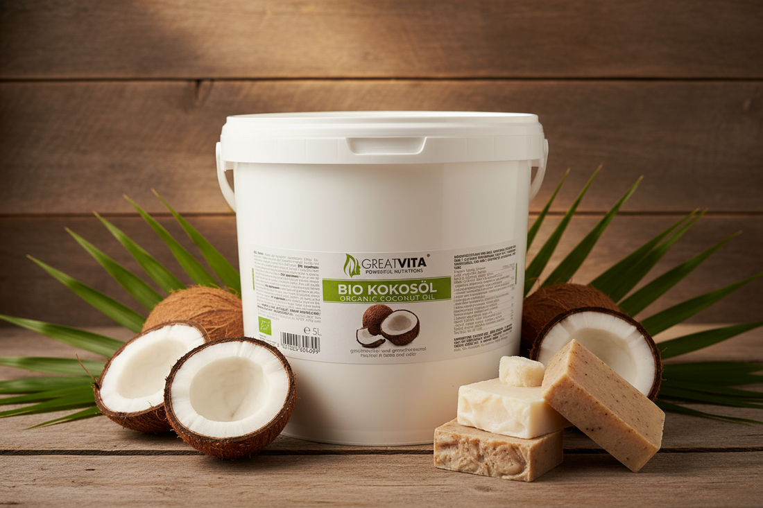 Kokosöl-Eimer in Bio-Qualität mit sichtbarem Etikett, umgeben von Kokosnusshälften und handgesiedeten Naturseifen auf Holzuntergrund – Rohstoffkunde #2 von C.H. Creativ & Handgemacht